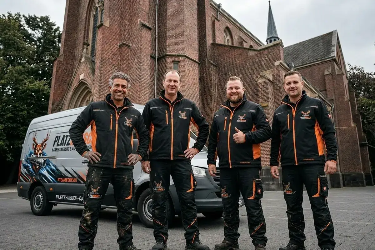 Team der Platzhirsch Abwasser- & Kanaltechnik vor dem Einsatzfahrzeug