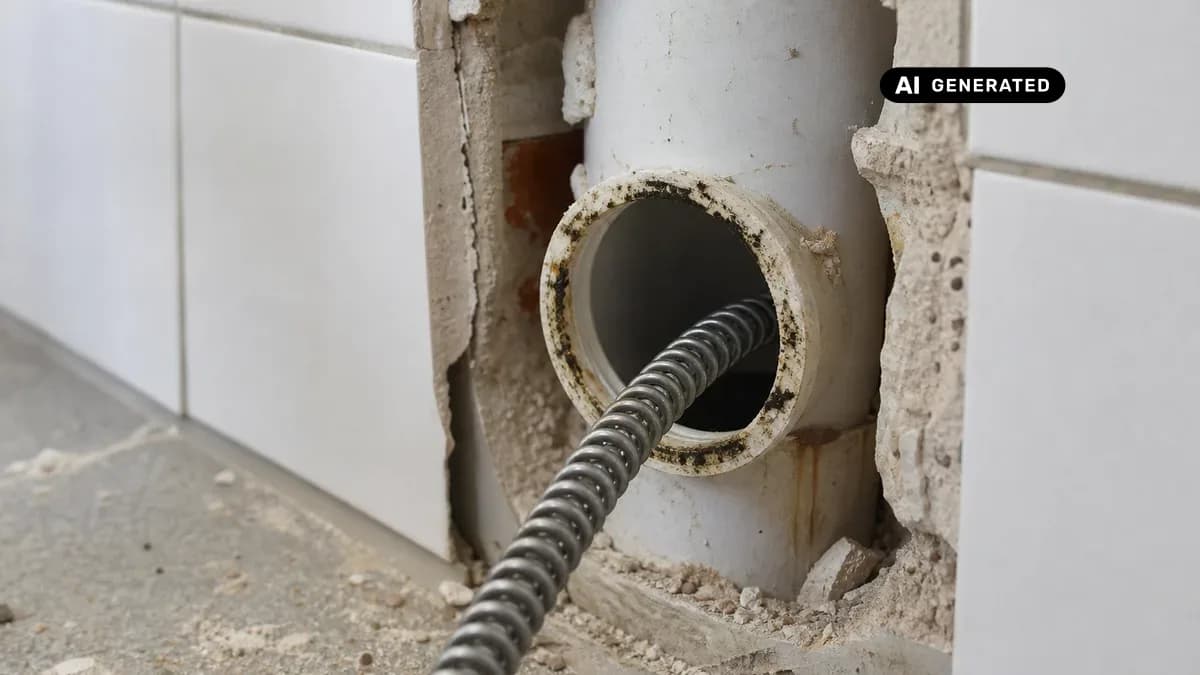KI-generiertes Bild: Handwerker schiebt eine Rohrreinigungsspirale in ein Abflussrohr an einer geöffneten Wand