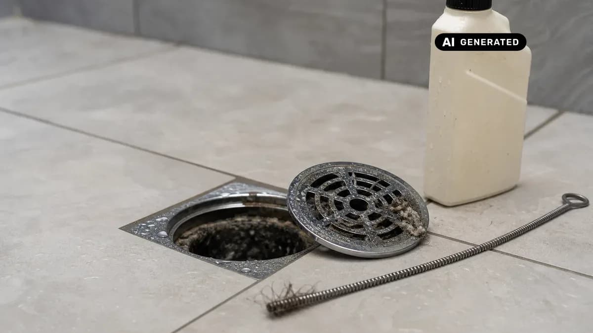 KI-generiertes Bild: Ebenerdige Dusche mit abgenommenem Punktablauf-Rost – Siphon freigelegt und Reinigungswerkzeug bereitgelegt