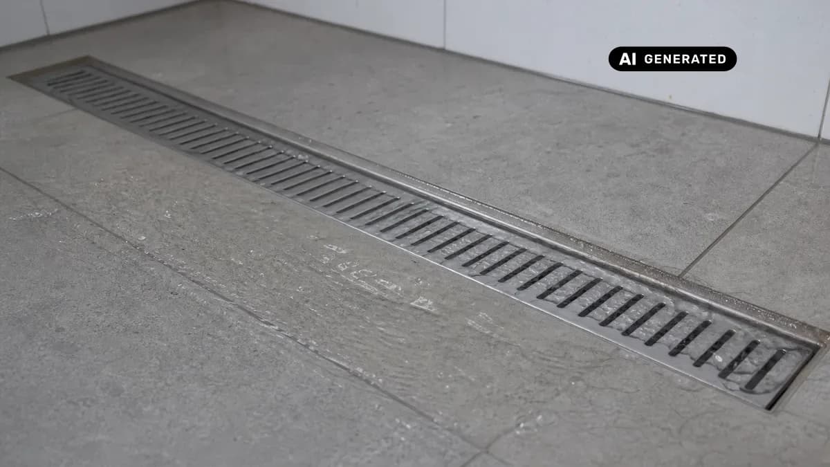 KI-generiertes Bild: Bodengleiche Dusche mit ebenerdiger Ablaufrinne, in der das Wasser langsam absackt
