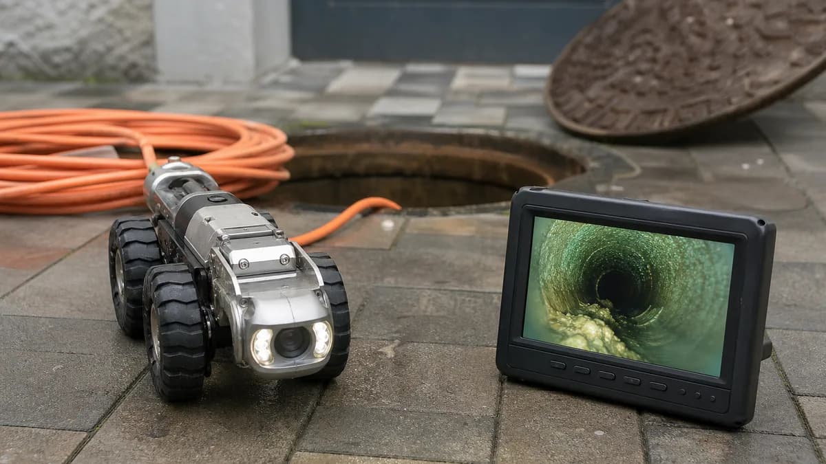 Fachmann der Platzhirsch Abwasser- & Kanaltechnik GmbH führt eine Inspektionskamera in einen Kanalschacht in Stolberg ein, Monitor zeigt das Live-Bild der Rohrleitung