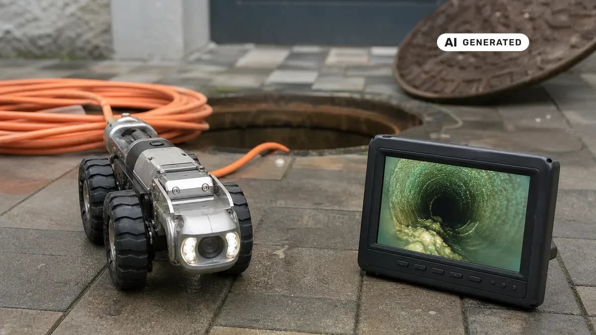 KI-generiertes Bild: Fachmann der Platzhirsch Kanal- & Abwassertechnik GmbH führt eine Inspektionskamera in einen Kanalschacht in Stolberg ein, Monitor zeigt das Live-Bild der Rohrleitung