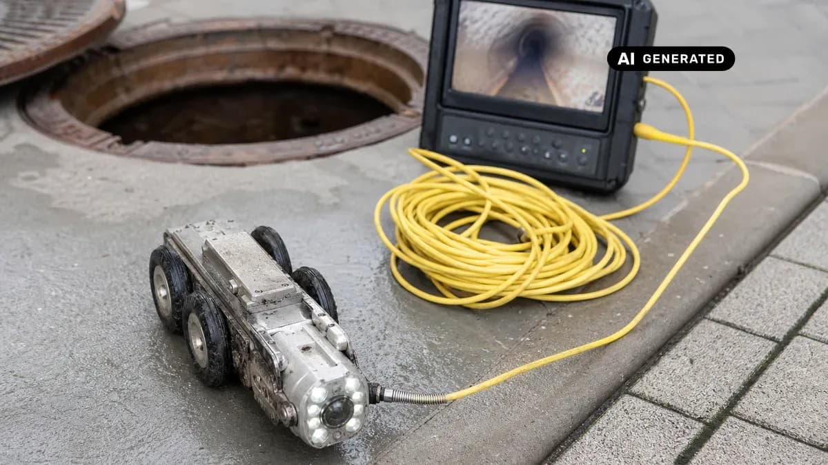 KI-generiertes Bild: Techniker führt eine selbstfahrende Kanalkamera in einen Schacht ein und beobachtet das Livebild auf einem mobilen Monitor