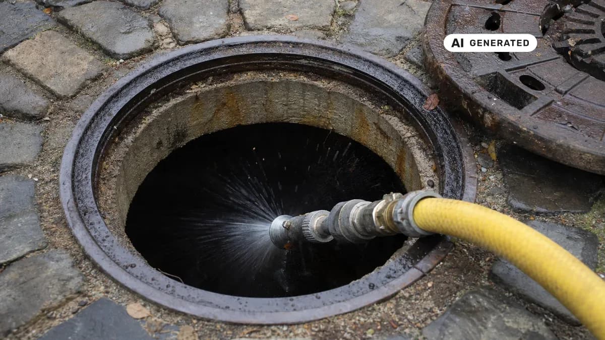 KI-generiertes Bild: Mitarbeiter führt eine Hochdruckspüldüse in einen offenen Kanalschacht ein, der Wasserstrahl reinigt das Rohr