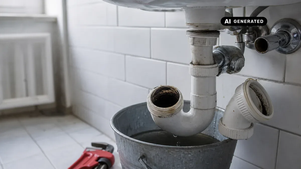 KI-generiertes Bild: Geöffneter Kunststoff-Siphon unter einem Waschbecken, daneben Eimer und Rohrzange zur Reinigung des Abflussrohrs