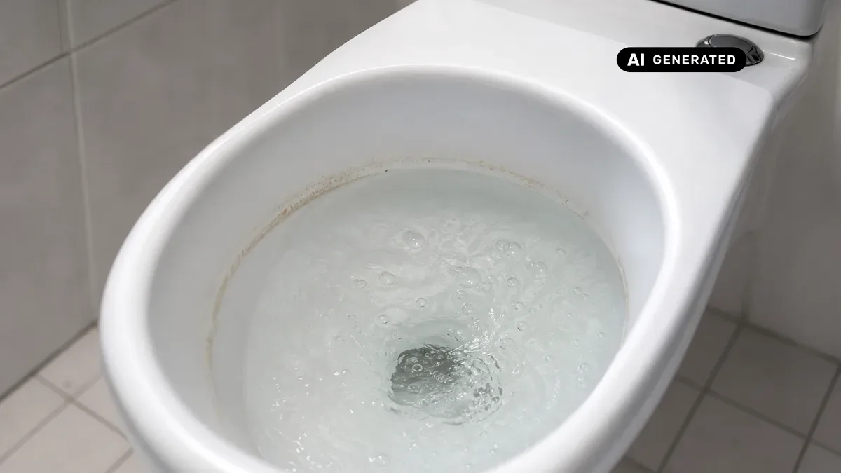 KI-generiertes Bild: Detailaufnahme einer Toilette mit träge ablaufendem Wasser und Luftblasen im Becken als Hinweis auf eine Verengung im Abfluss