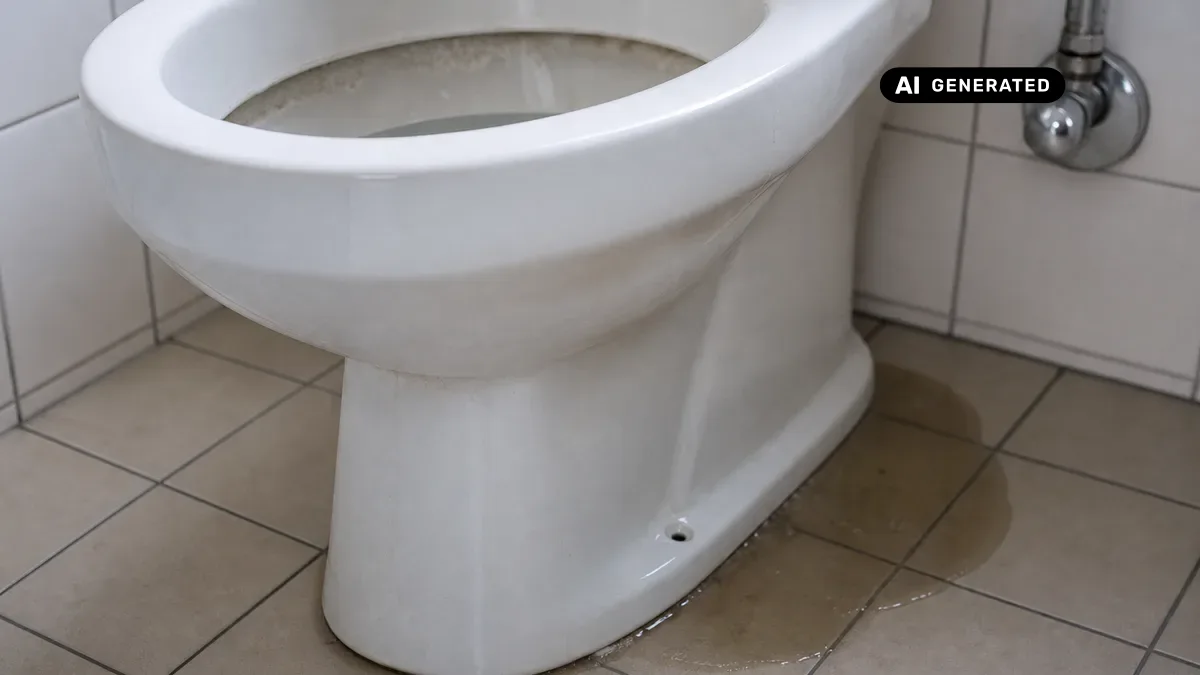 KI-generiertes Bild: Modernes Badezimmer mit Toilette und Detailaufnahme des Abflusses – symbolisiert das Problem von aufsteigendem Kanalgeruch im Haushalt