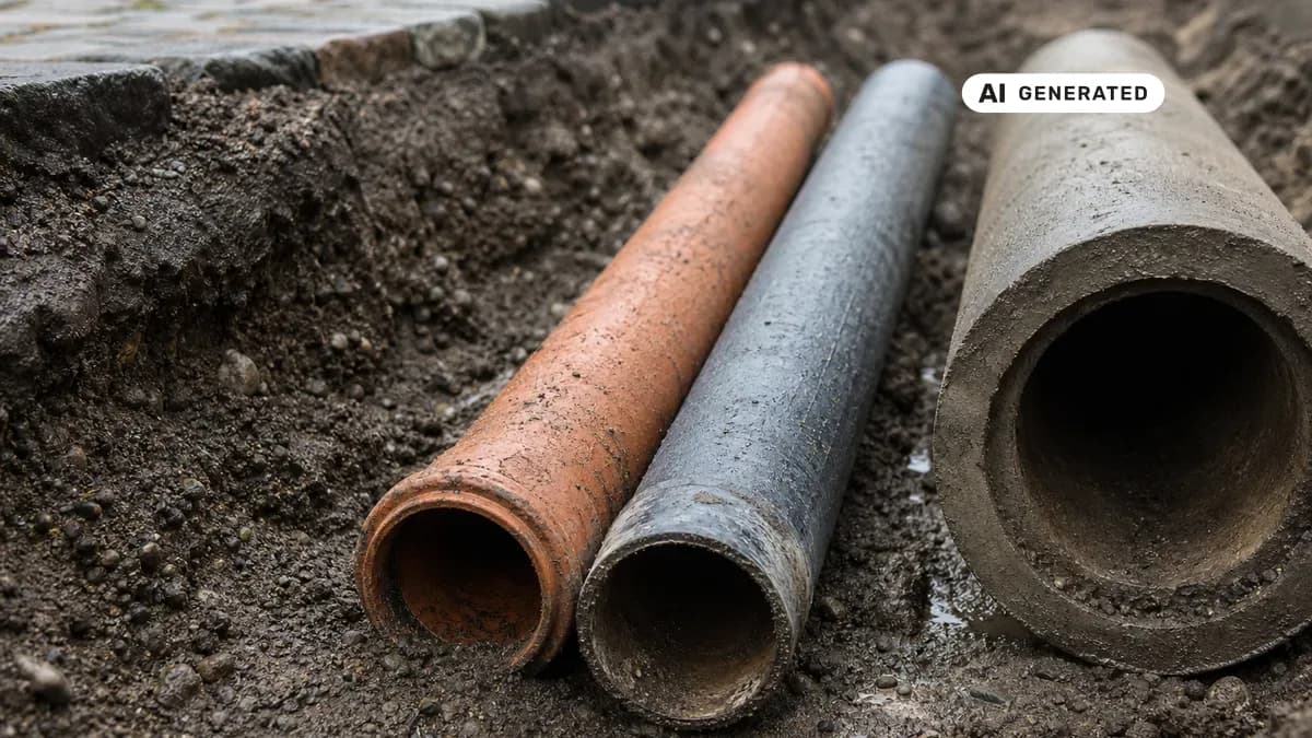 KI-generiertes Bild: Schematische Darstellung eines Straßenquerschnitts mit zwei getrennten Kanalrohren für Schmutzwasser und Regenwasser im Trennsystem sowie einem einzelnen Rohr im Mischsystem, mit deutschen Beschriftungen