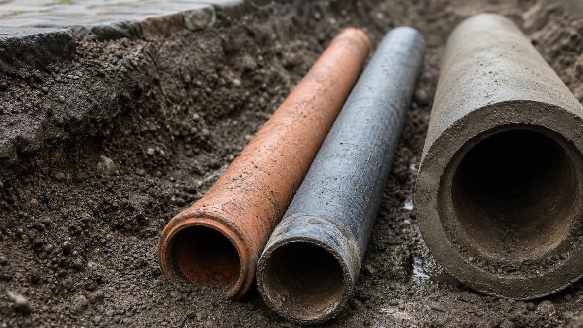 Schematische Darstellung eines Straßenquerschnitts mit zwei getrennten Kanalrohren für Schmutzwasser und Regenwasser im Trennsystem sowie einem einzelnen Rohr im Mischsystem, mit deutschen Beschriftungen