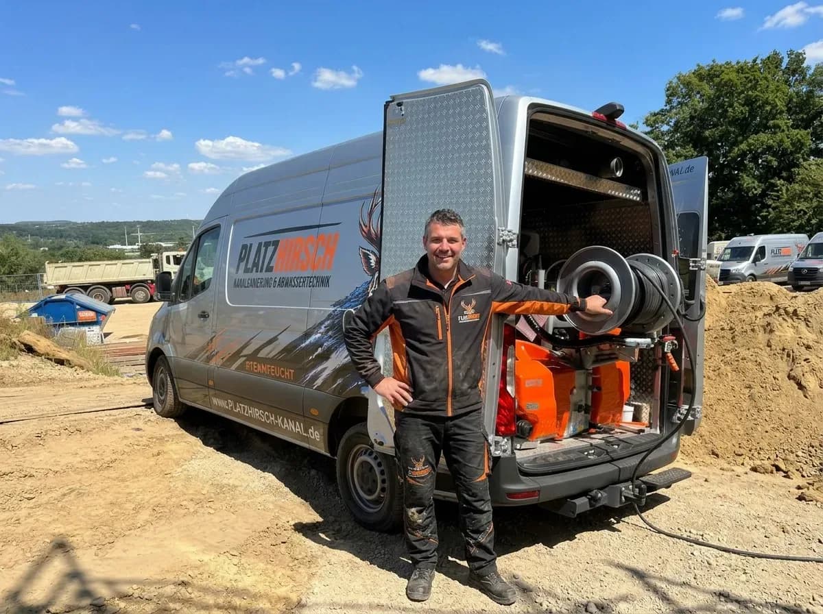 Techniker bedient Saugwagen beim Entleeren einer Abwasser-Anlage
